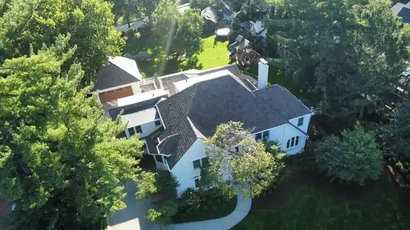 Aerial view of an Omaha home roof eligible for financing through Royalty Roofing