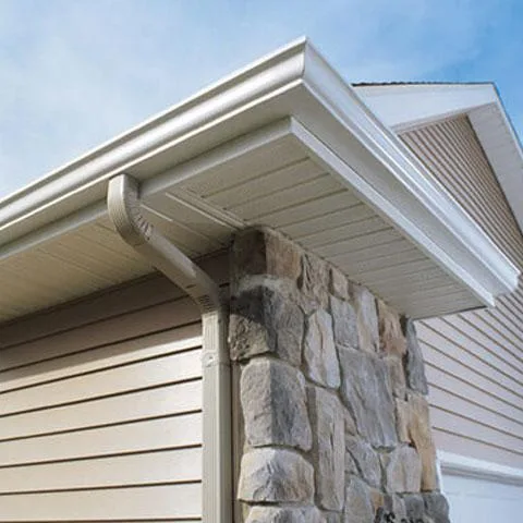Soffit, fascia, and gutter detail on an Omaha home by Royalty Roofing