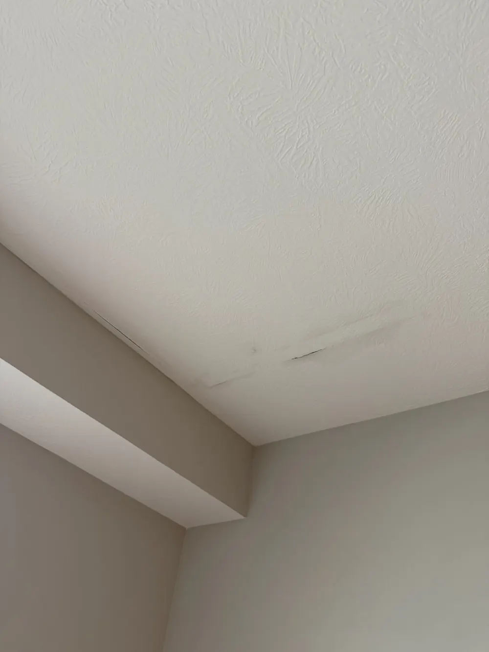 Water stain and cracked drywall seam on a ceiling in an Elkhorn home caused by a roof leak