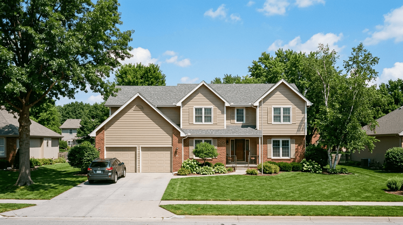 Two-story home with an attached garage and architectural shingle roof in Millard, Nebraska