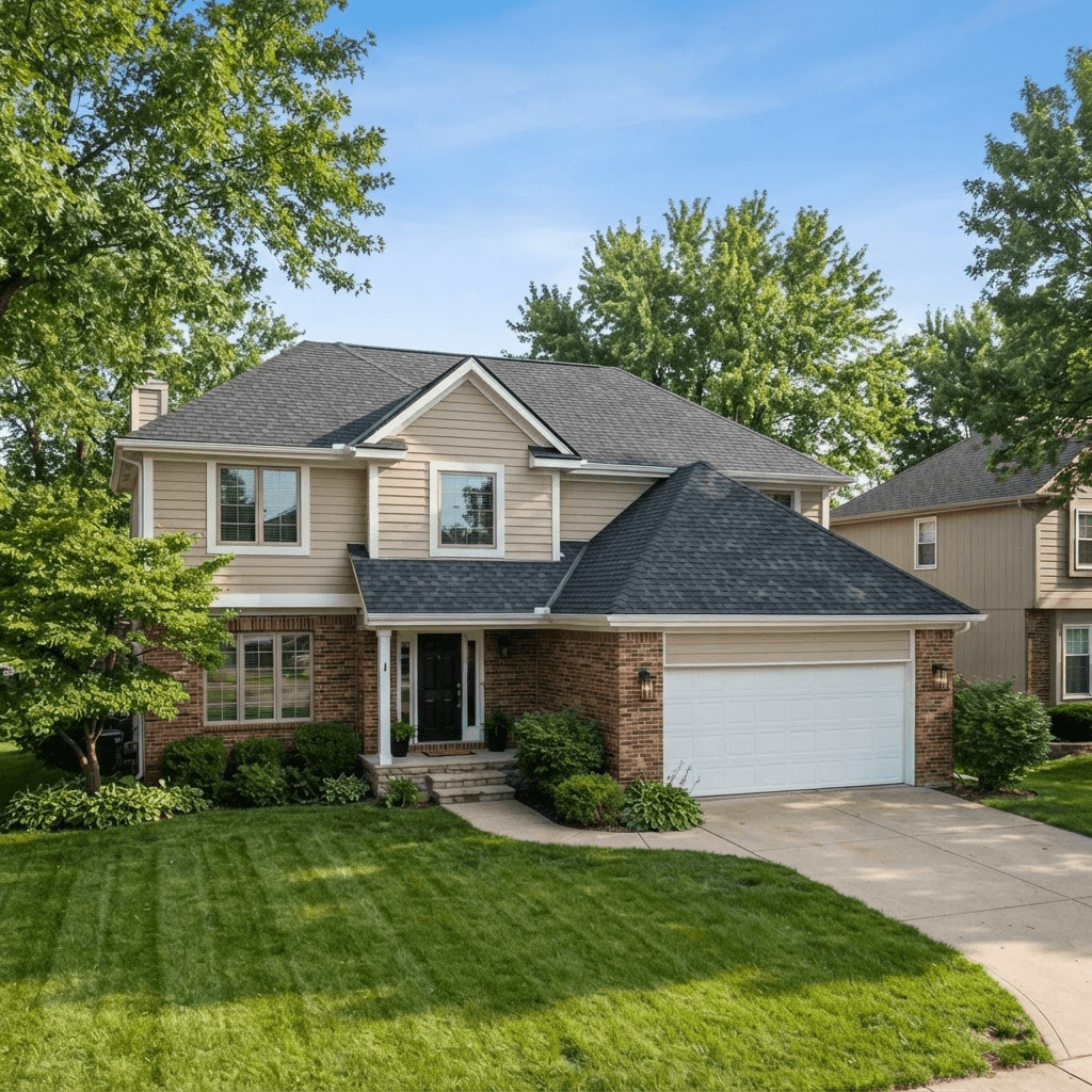 Newly installed Atlas shingle roof on an Omaha home after a full replacement by Royalty Roofing