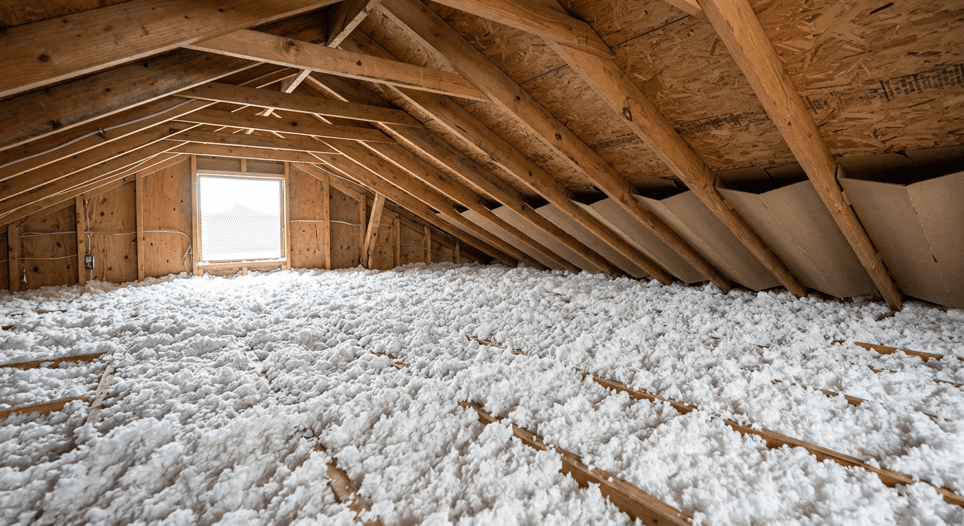 Deep layer of blown-in insulation across an Omaha attic floor with baffles at the eaves