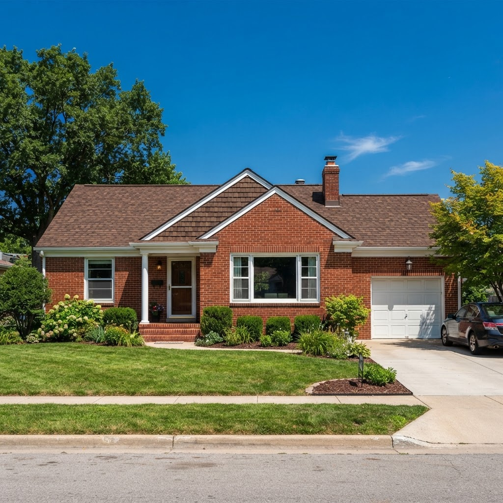 Brick Ranch in Bellevue, NE after roof replacement by Royalty Roofing — new architectural shingles