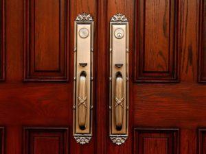 Brass Gothic thumb latch door handle on French Doors